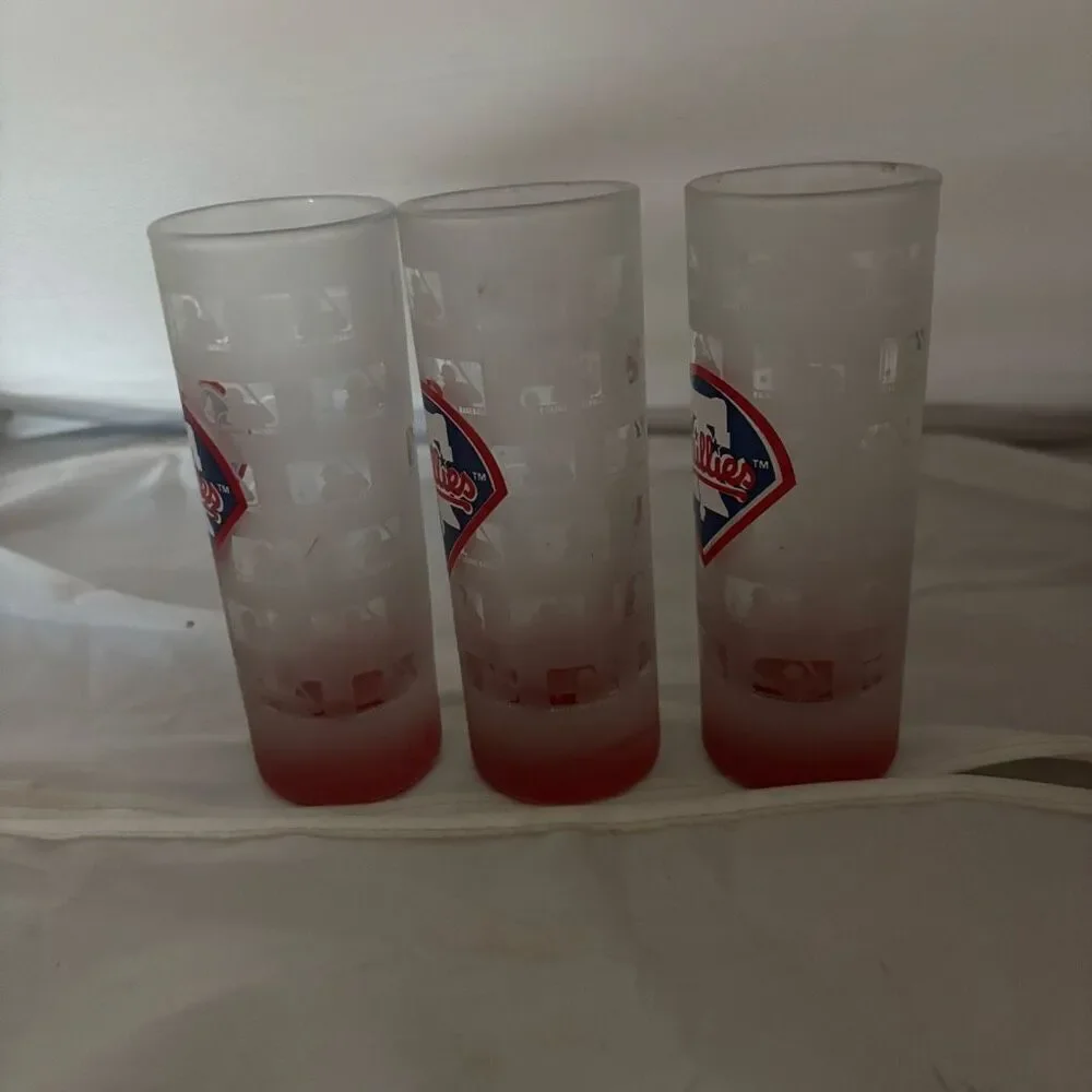 3 Philadelphia Phillies Tall Frosted Glass Shot Glasses